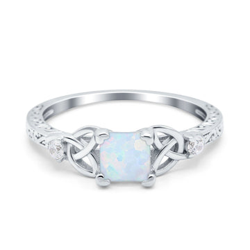 Cushion Celtic Art Deco Engagement Ring Lab Created White Opal 925 Sterling Silver